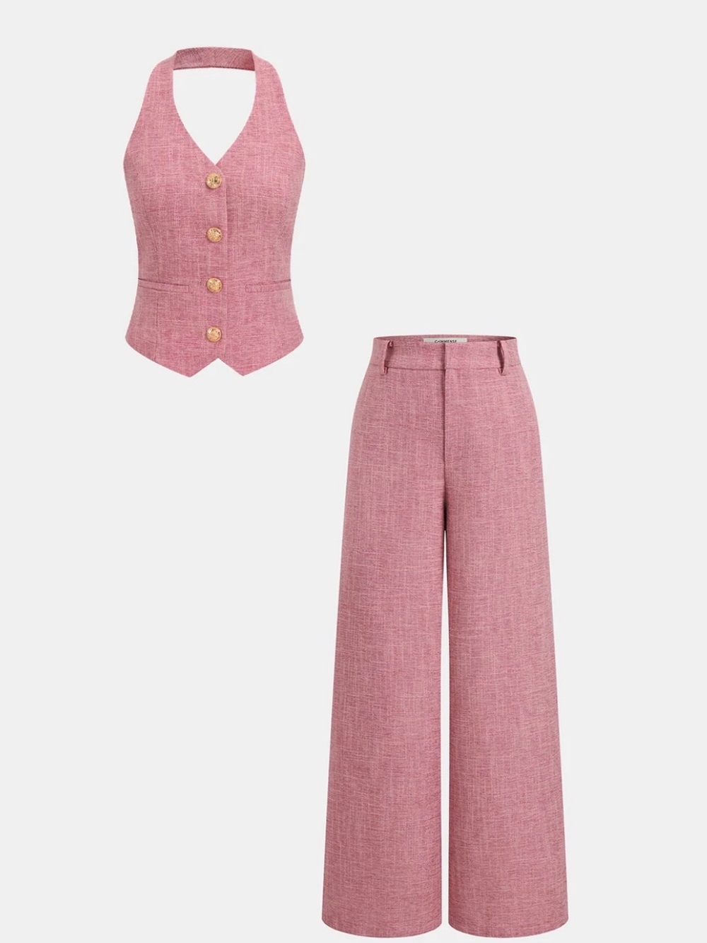 COMMENSE Pink Wide-Leg Tweed Pants with Matching Halter Vest